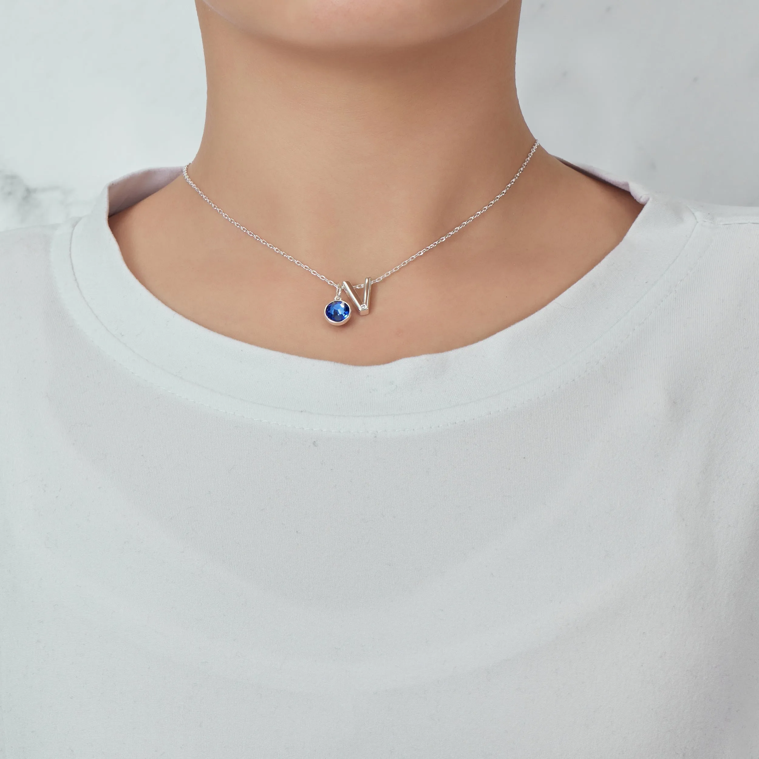 Initial V Necklace with Birthstone Charm Created with Zircondia® Crystals