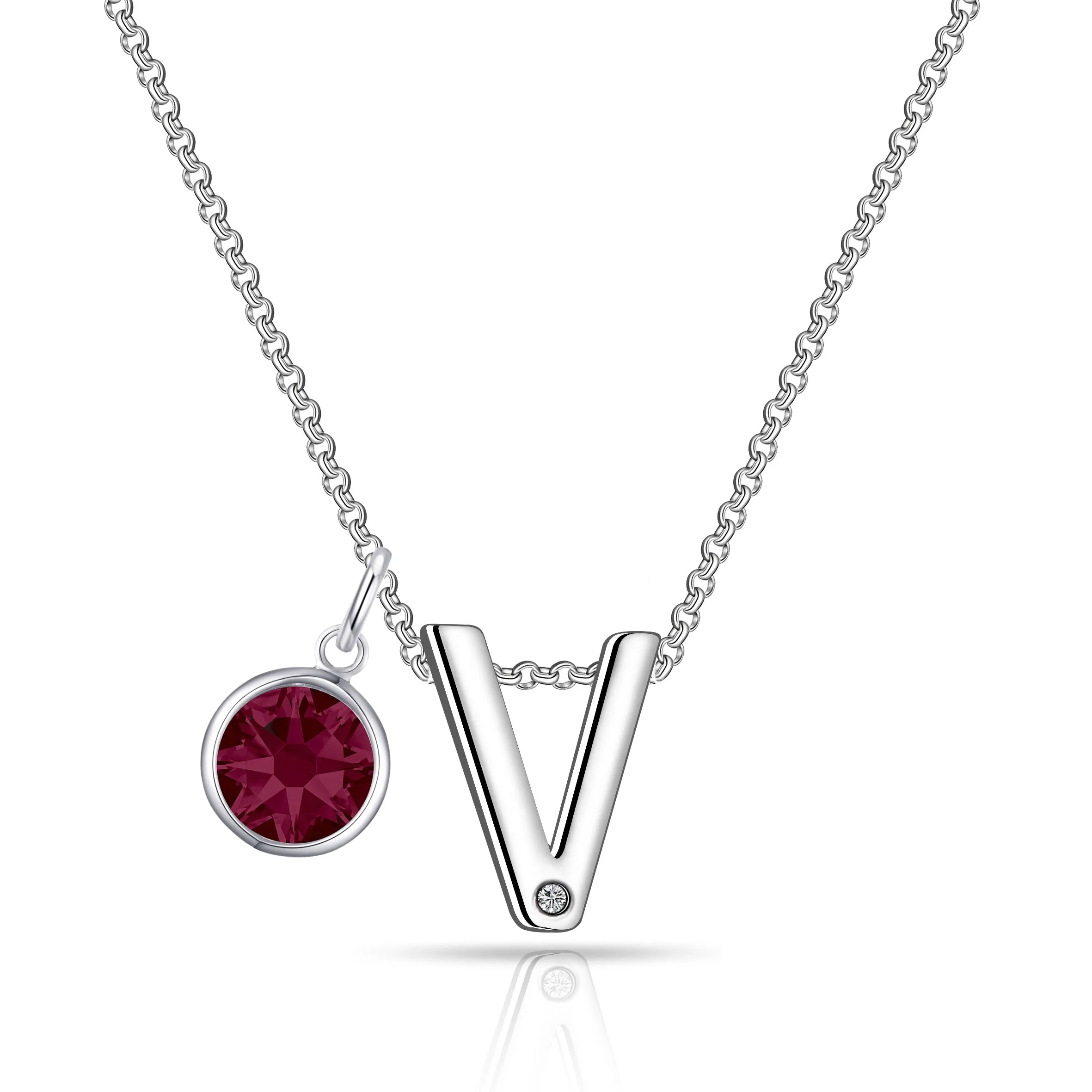 Initial V Necklace with Birthstone Charm Created with Zircondia® Crystals