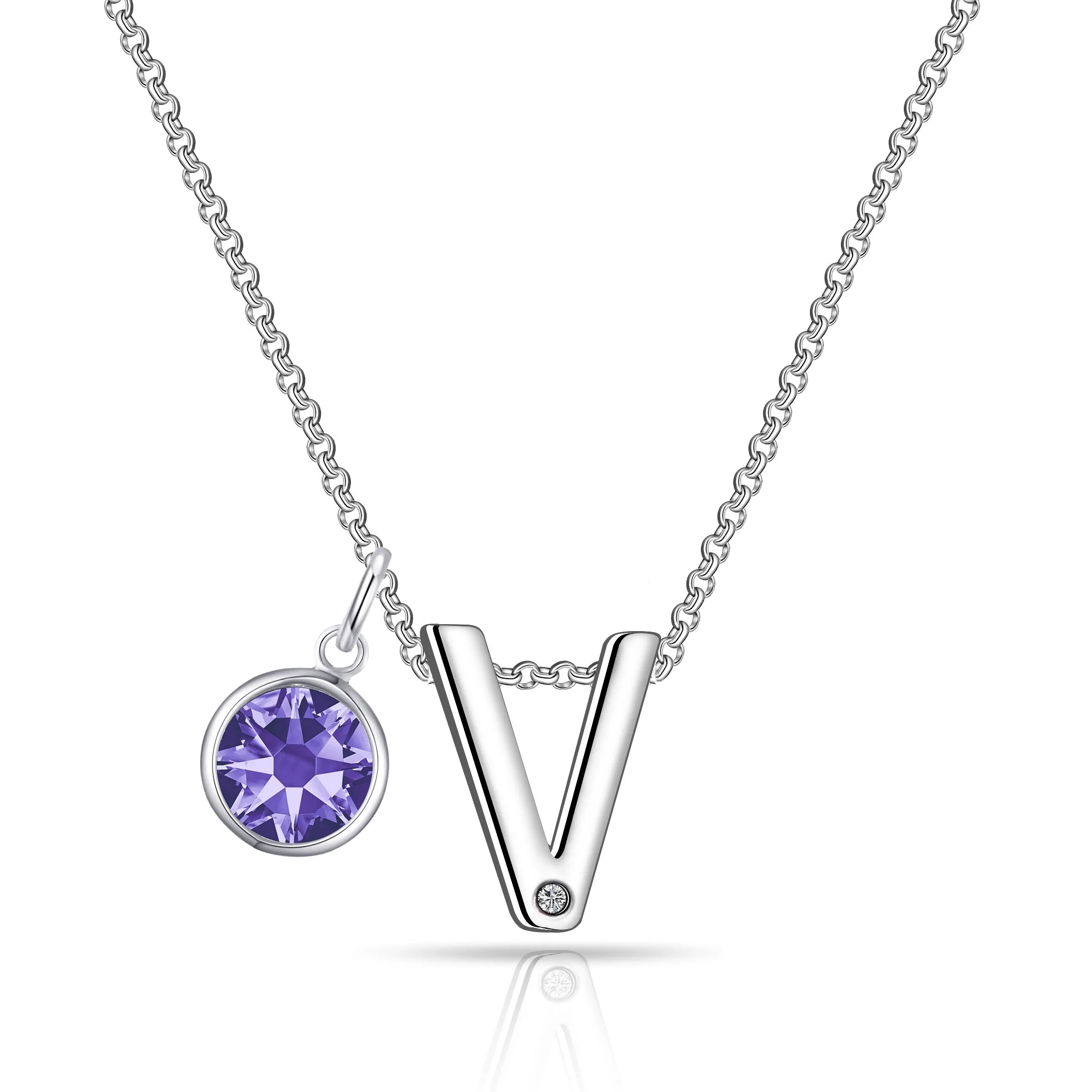 Initial V Necklace with Birthstone Charm Created with Zircondia® Crystals