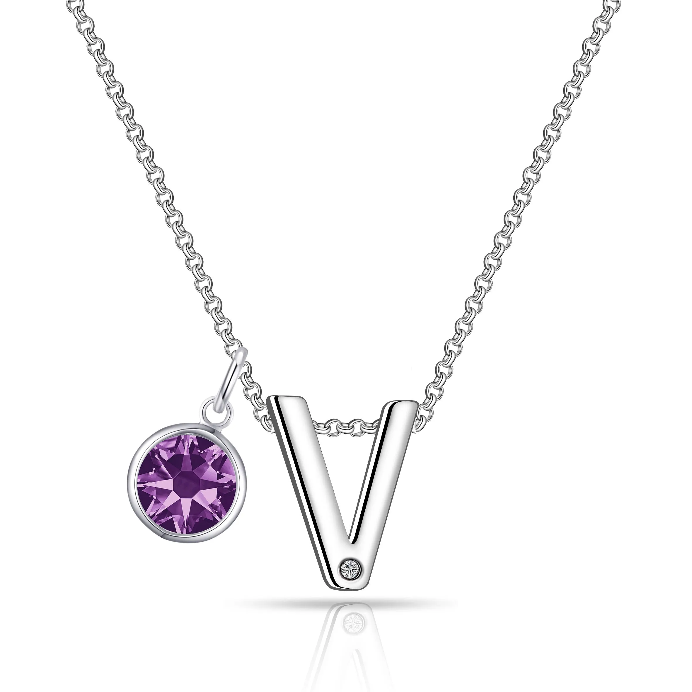 Initial V Necklace with Birthstone Charm Created with Zircondia® Crystals