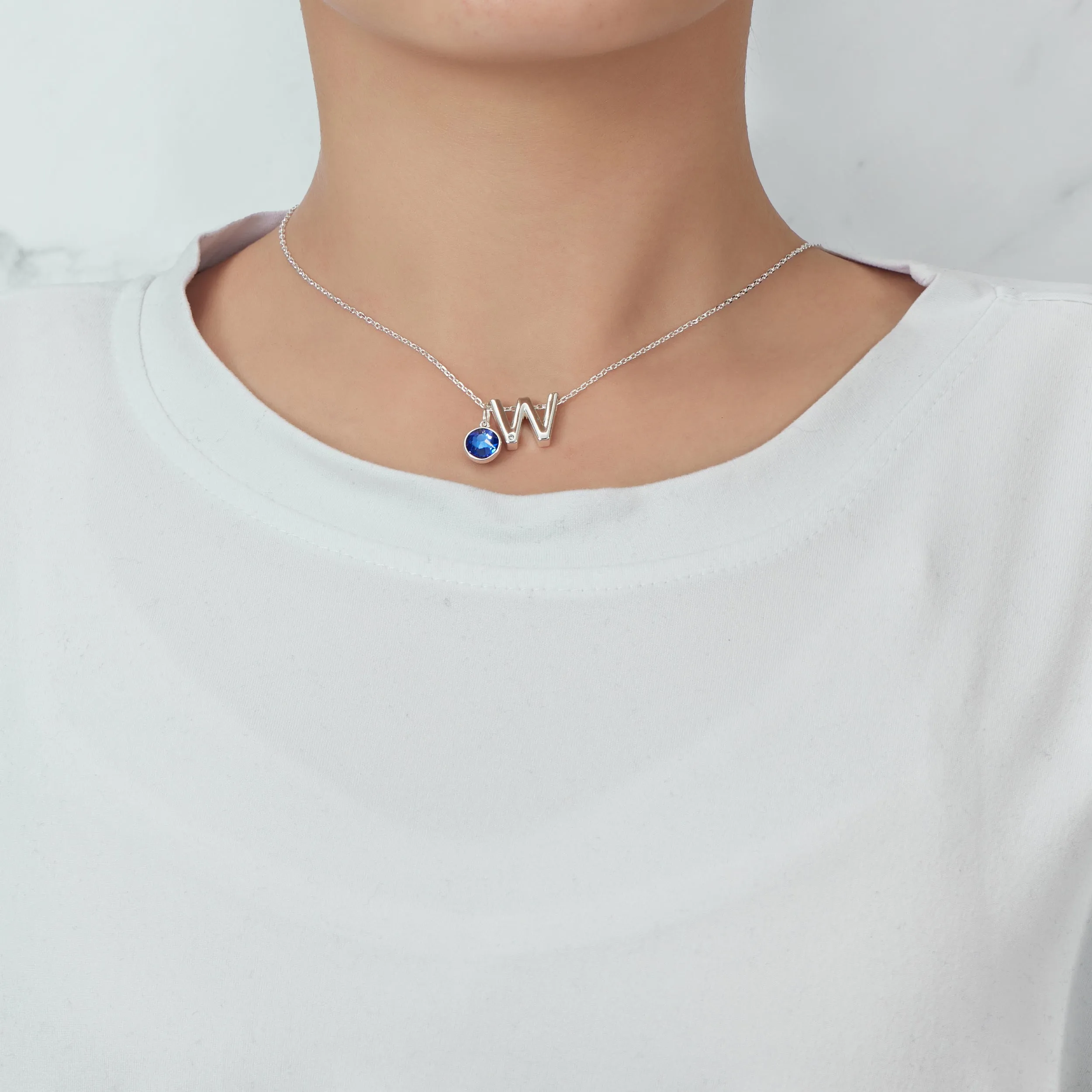 Initial W Necklace with Birthstone Charm Created with Zircondia® Crystals