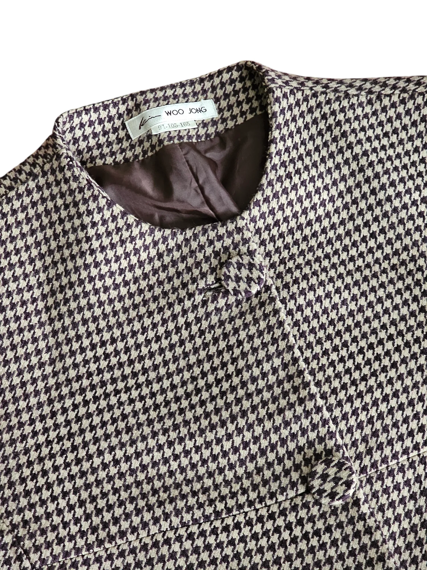 KIM WOO JONG Luxurious Soft Wool Brown & Ivory Houndstooth Blazer Jewel Neckline