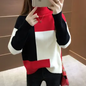 Knitted Sweater Women Red Patchwork Turtleneck Knitted Winter Jumper Pullover Casual Women Clothes