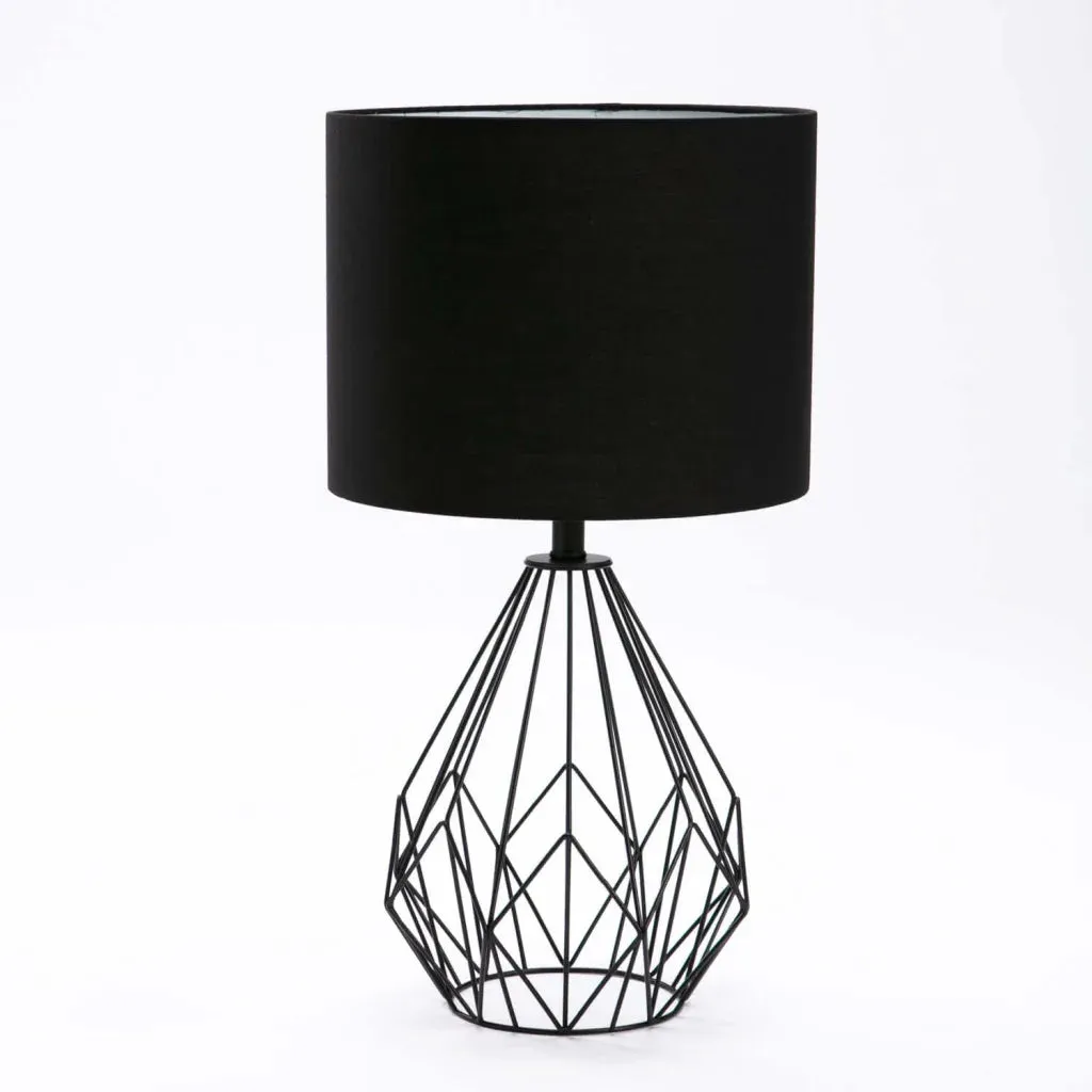 LAMP TABLE-BLK METAL WIRE BASE-BLACK FABRIC SHADE