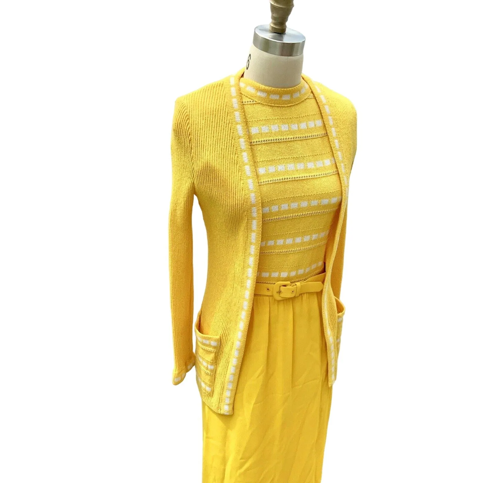 Retro ViNTAGE 70s PAT SANDLER Yellow KNiT SWEATER DRESS & Jacket M NWT SET