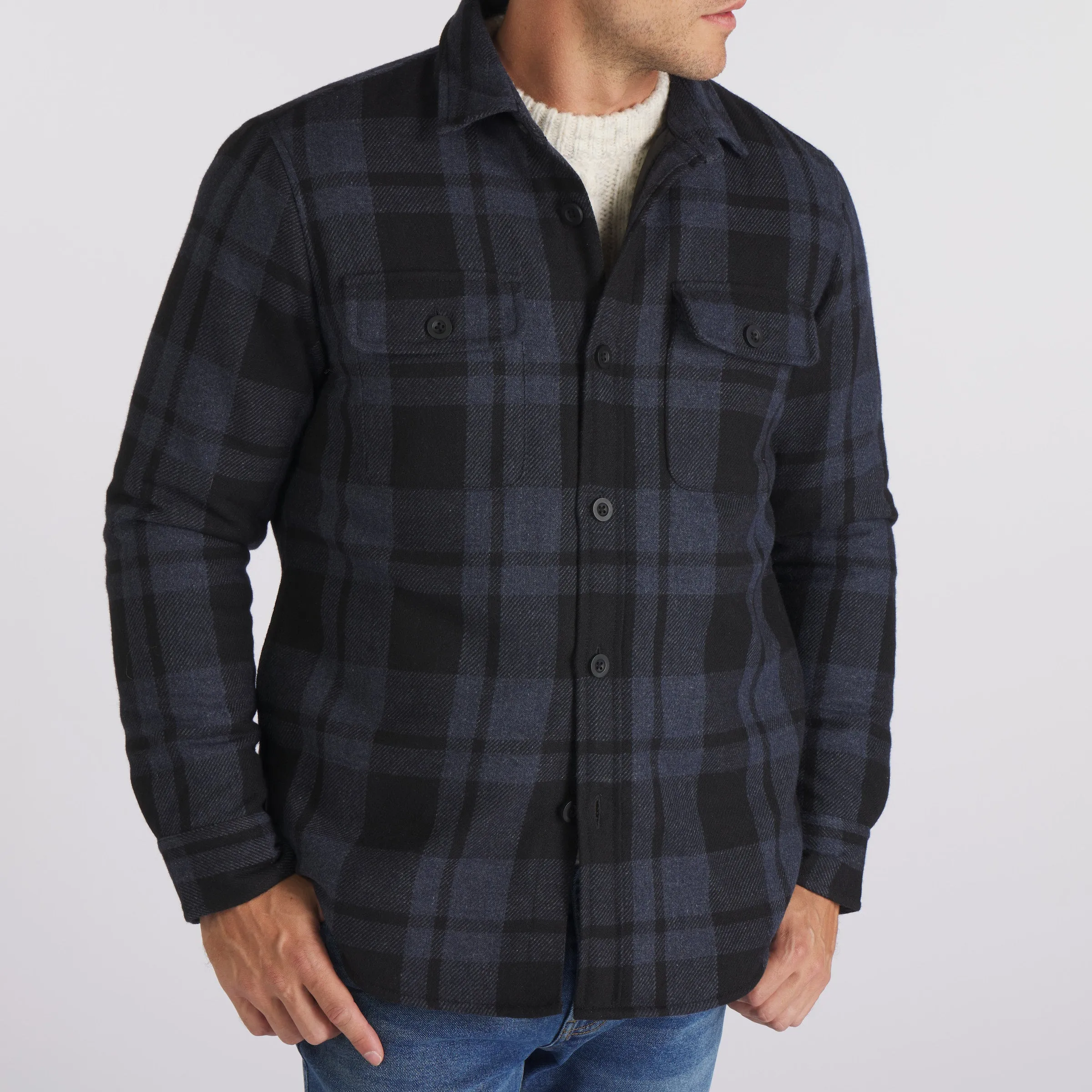 Retro Wool Padded Shirt Jacket - Heather Blue Black