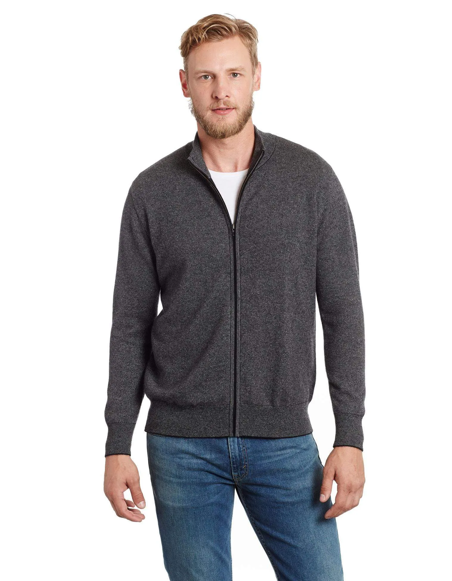 Salt and Pepper Tweed Men's Cashmere Cardigan Sweater