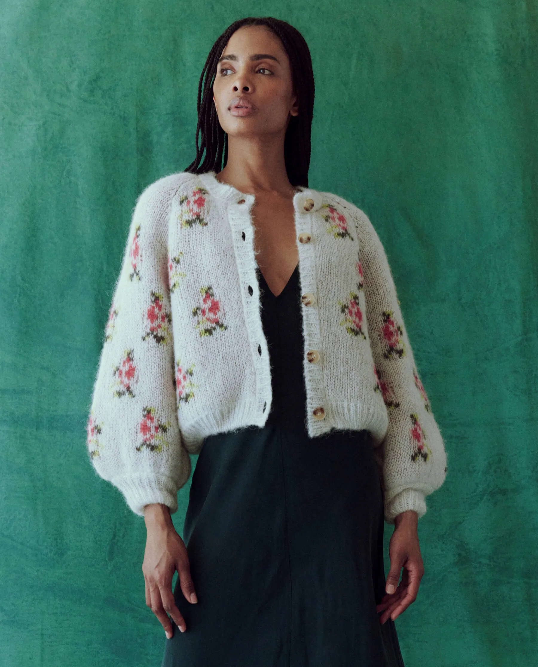 The Carousel Cardigan. -- White Heirloom Rose