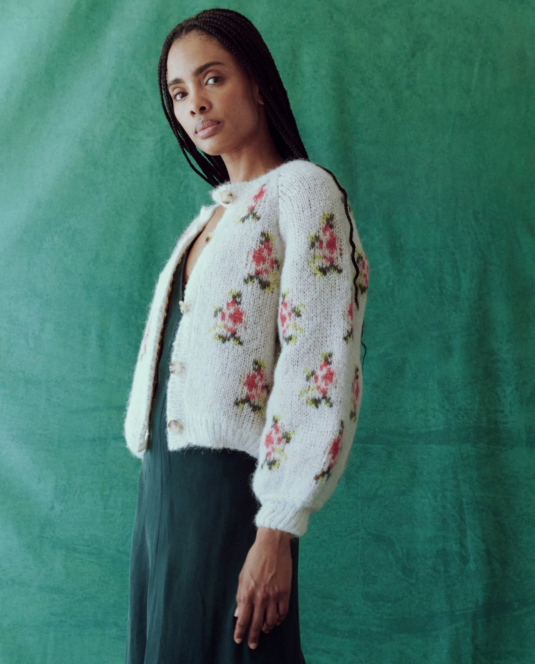 The Carousel Cardigan. -- White Heirloom Rose