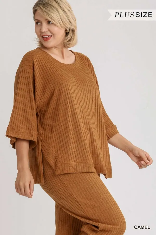 Umgee Ribbed Brushed Knit 3/4 Sleeve Top