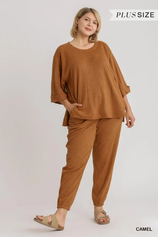 Umgee Ribbed Brushed Knit 3/4 Sleeve Top