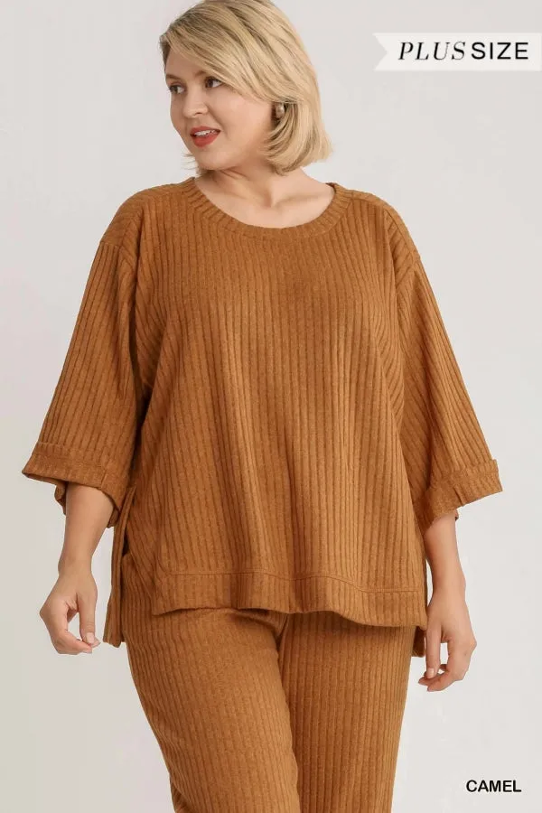 Umgee Ribbed Brushed Knit 3/4 Sleeve Top