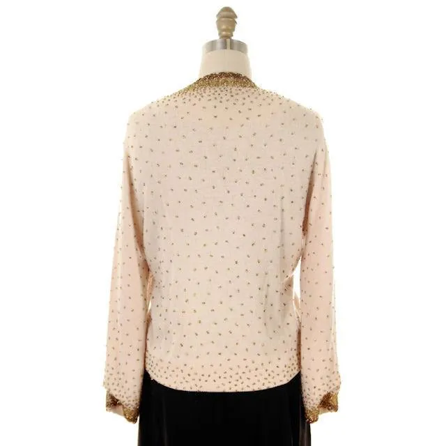 Vintage Cardigan Sweater 1950s Beige & Copper Beaded Womens XL