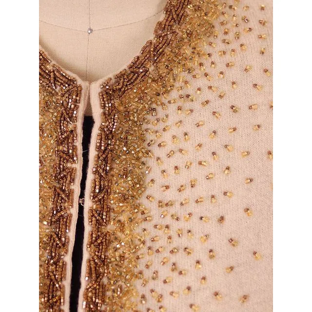 Vintage Cardigan Sweater 1950s Beige & Copper Beaded Womens XL