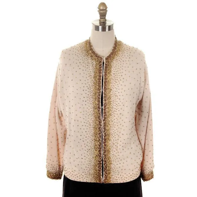 Vintage Cardigan Sweater 1950s Beige & Copper Beaded Womens XL