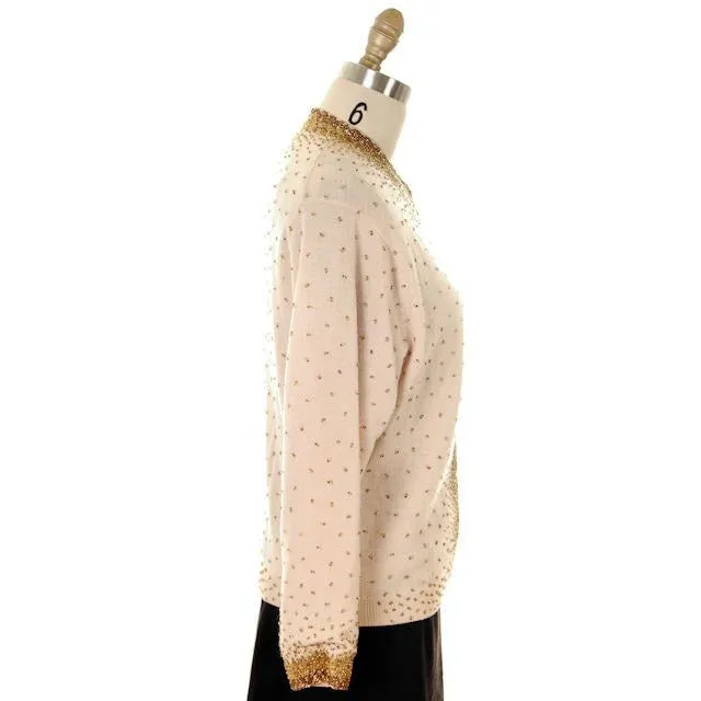 Vintage Cardigan Sweater 1950s Beige & Copper Beaded Womens XL