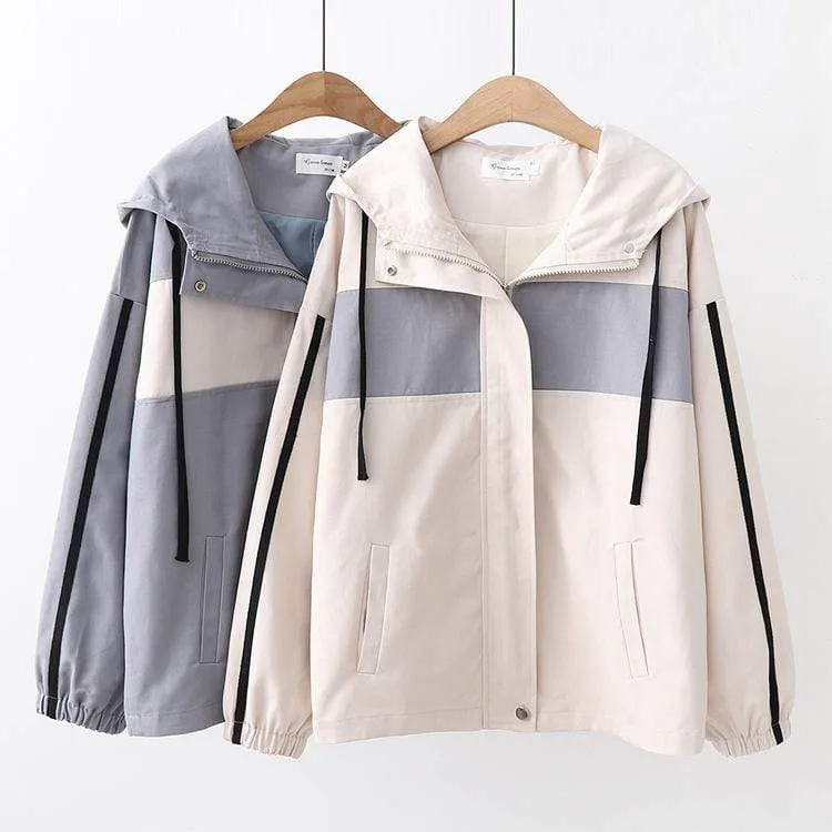 Women's Boyfriend Style Contrast Color Syriped Sleeved Coats With Hood