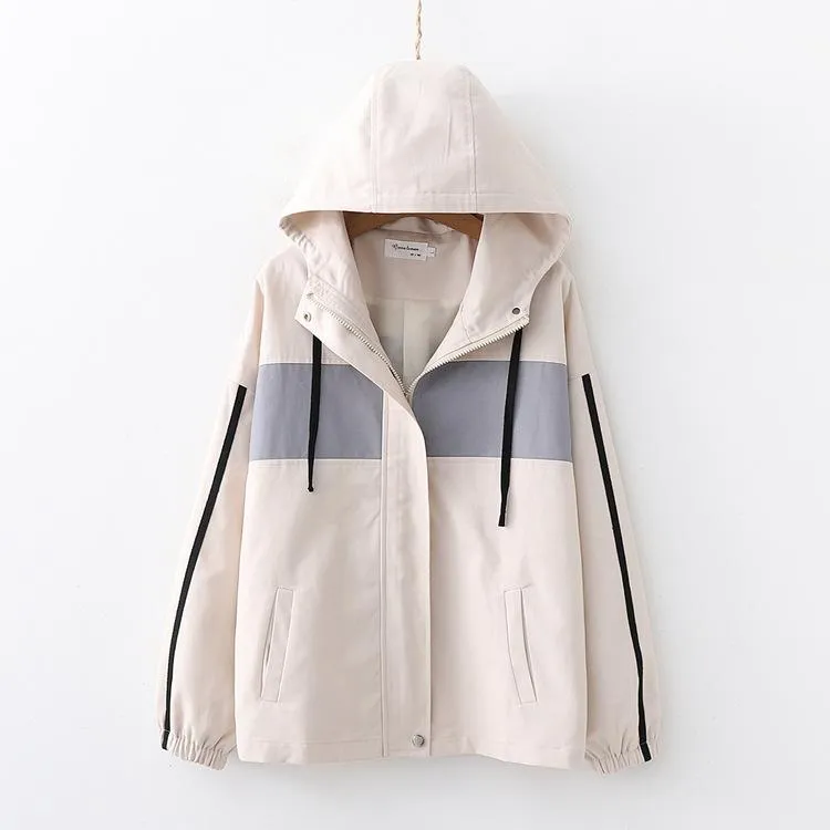 Women's Boyfriend Style Contrast Color Syriped Sleeved Coats With Hood