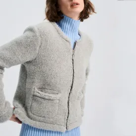 Women's Plush Cropped Jacket - 100% Wool - Silver Grey (S, M, L)