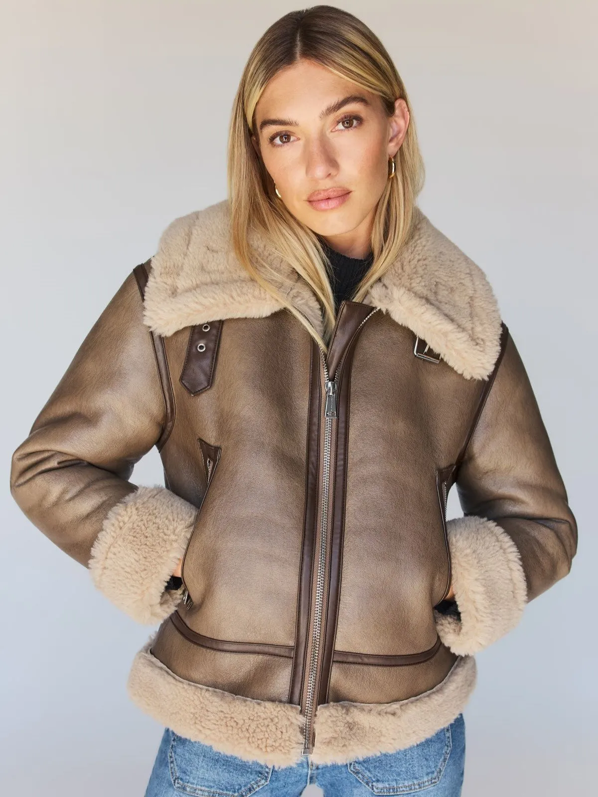 Zarina Shearling Coat Mink Beige